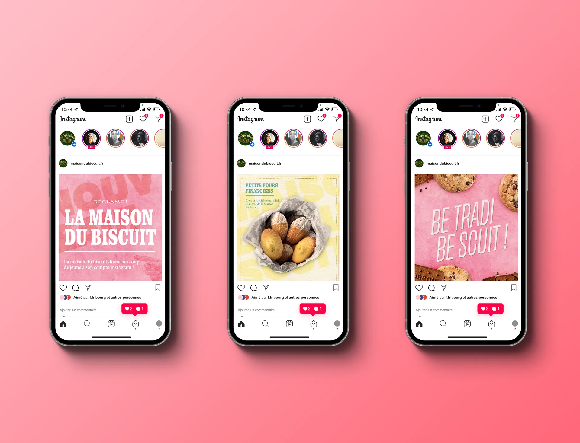 Mise en situation de la refonte du feed Instagram avec la ligne de posts roses