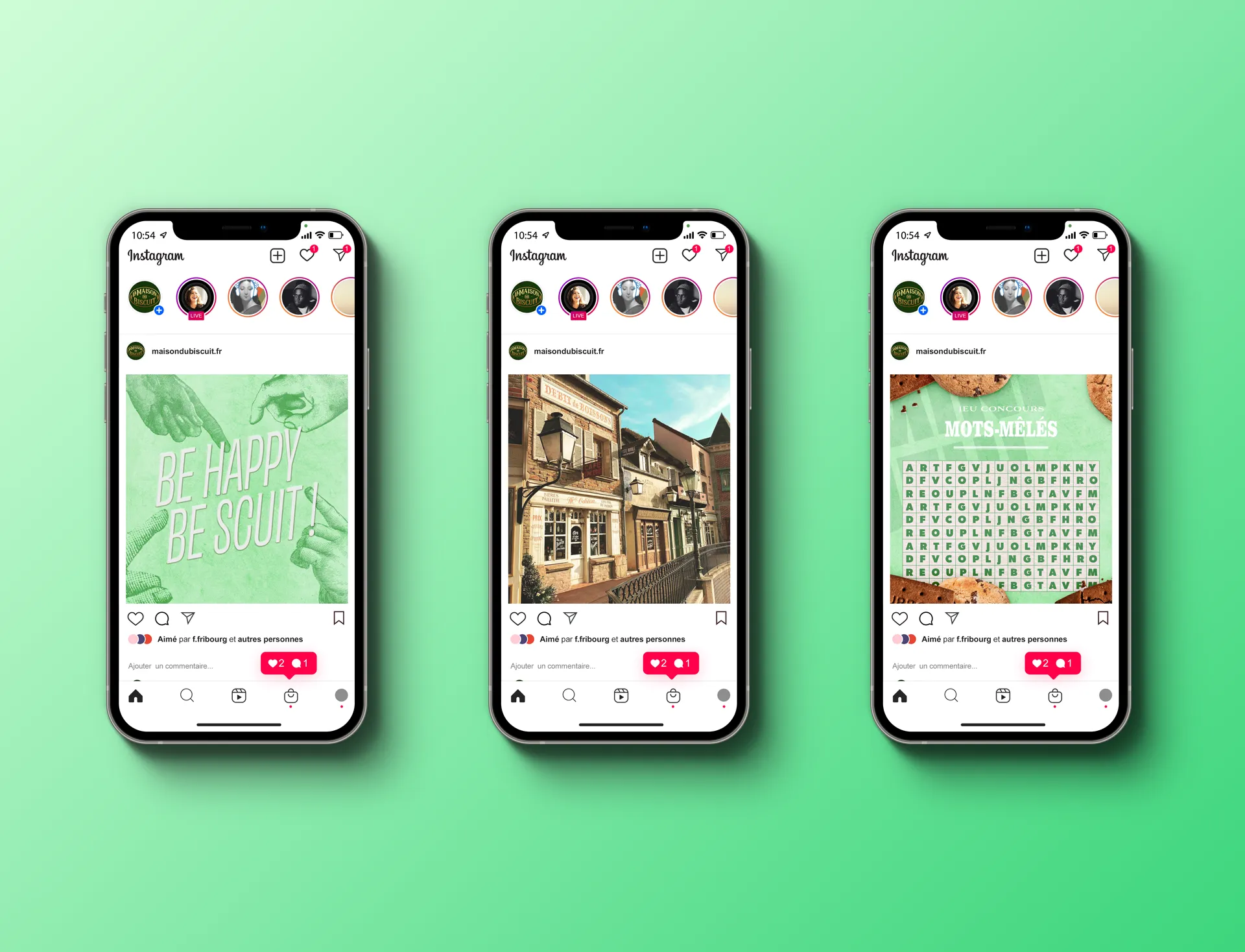 Mise en situation de la refonte du feed Instagram avec la ligne de posts verts