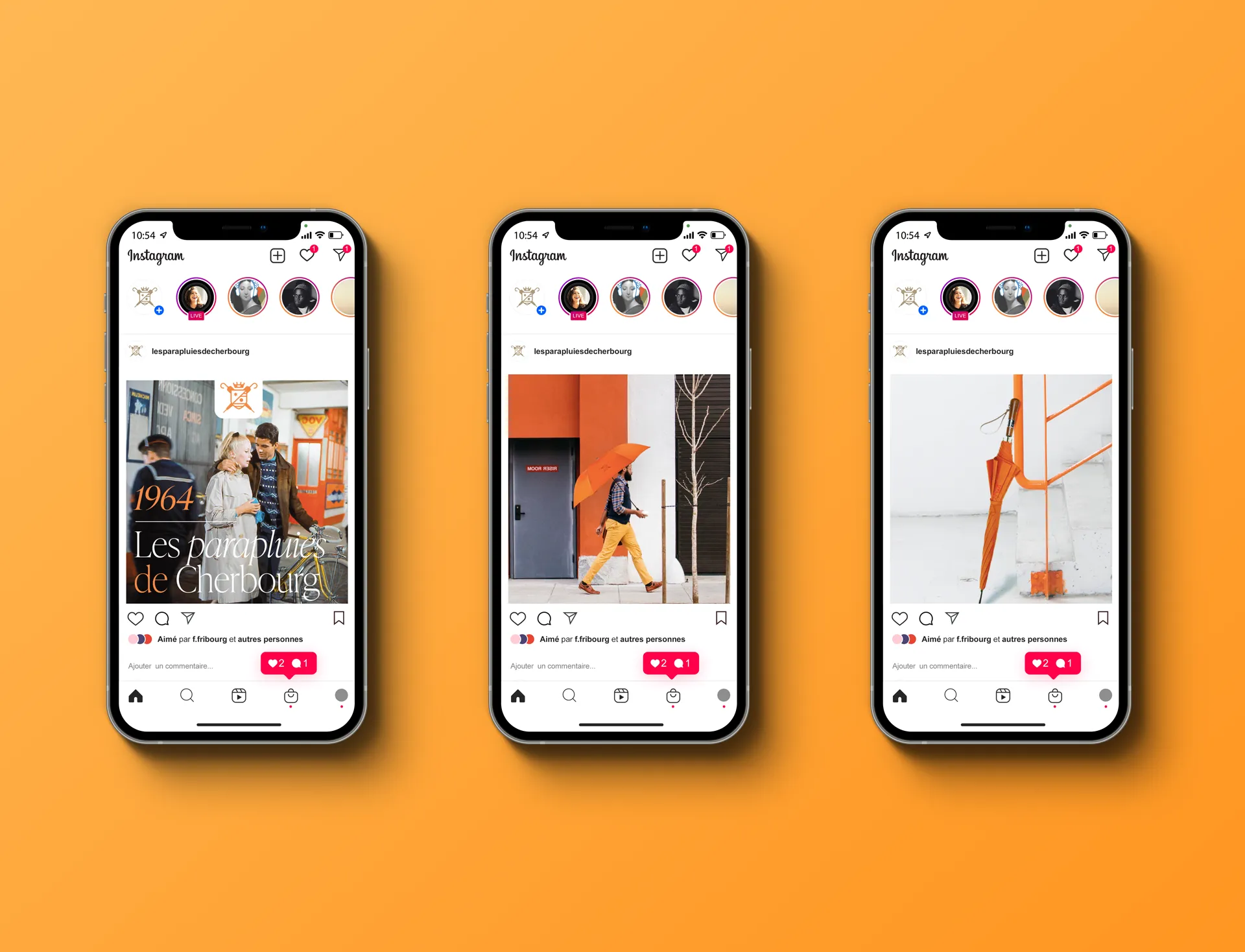 Mise en situation de la refonte du feed Instagram du Parapluie de Cherbourg avec la ligne de posts oranges